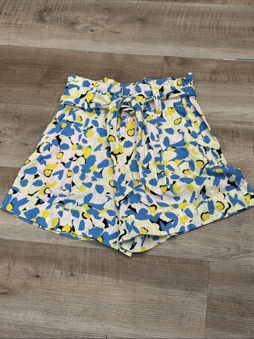 Zara High-Waist Paperbag Shorts in Blue, Yellow & Pink Floral Print